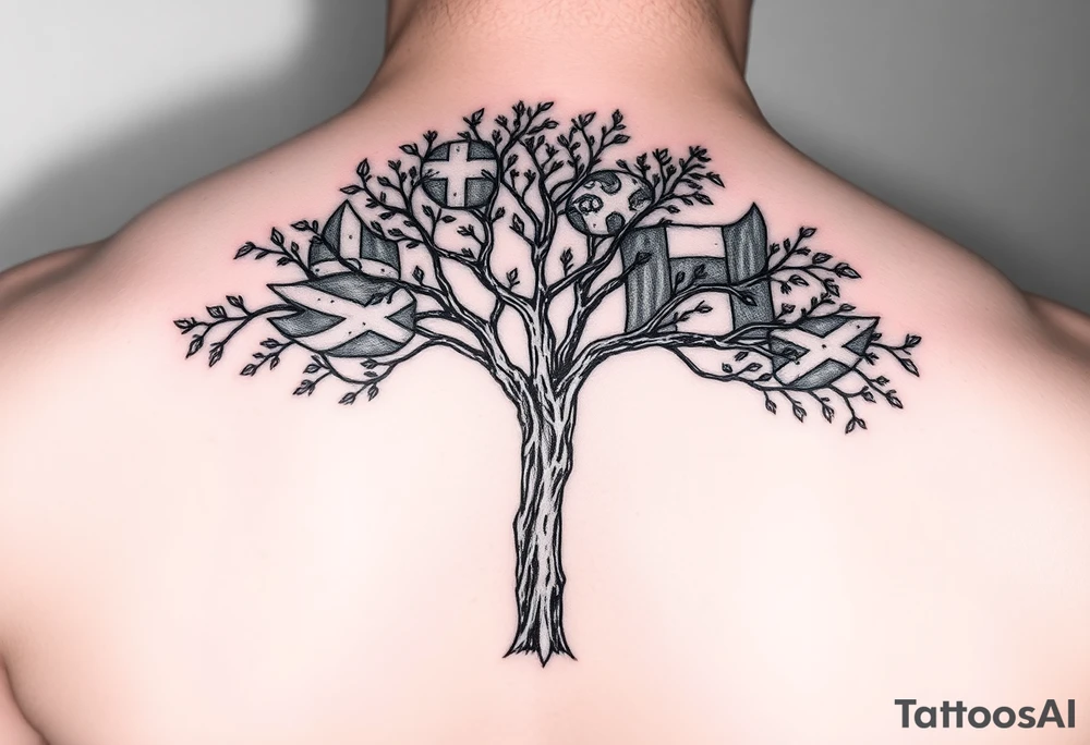 Tree with leaves that are country flags from Prussia,  Ireland, wales, scotland, England, and catawba tribe tattoo idea