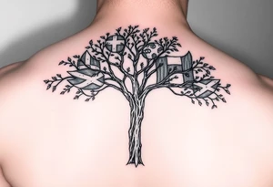 Tree with leaves that are country flags from Prussia,  Ireland, wales, scotland, England, and catawba tribe tattoo idea