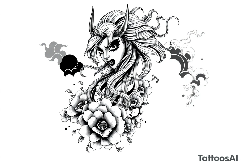 Full sleeve tattoo design for a male arm, wrapping from shoulder to wrist.  featuring a beautiful female oni (demon woman) with an elegant, mysterious expression, one hand partially covering her face, long flowing hair integrated into bold wind bars and wave patterns, large chrysanthemums and peonies weaving through the composition. Strong negative space with large black fills, bold flowing shapes, and smooth grey shading. Traditional Japanese cloud and water motifs in the background, balanced composition with the oni face as the main focal point on the upper arm, seamless flow down the arm to the wrist. High contrast black and grey, crisp linework, dynamic and dramatic. tattoo idea