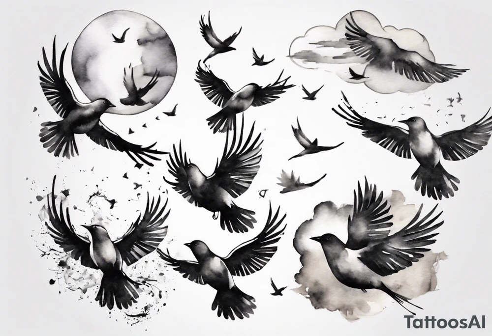 shoulder tattoo with light rays with birds flying free among the clouds, round shape, 3d effect tattoo idea shoulder tattoo with light rays with birds flying free among the clouds, round shape, 3d effect tattoo idea