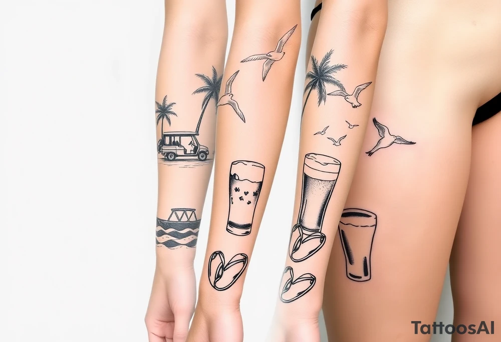 full arm sleeve with individual tattoos that include palm trees, boats, golf cart, seagulls, sea life, a beer, flips flops tattoo idea