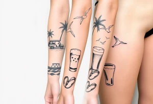 full arm sleeve with individual tattoos that include palm trees, boats, golf cart, seagulls, sea life, a beer, flips flops tattoo idea