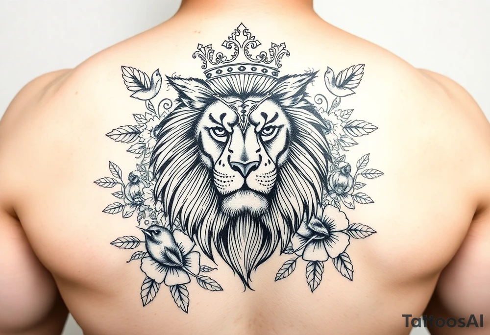 powerful majestic lion with a crown and owl  surrounded by floral ornaments and birds tattoo idea