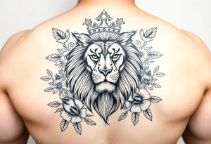 powerful majestic lion with a crown and owl  surrounded by floral ornaments and birds tattoo idea