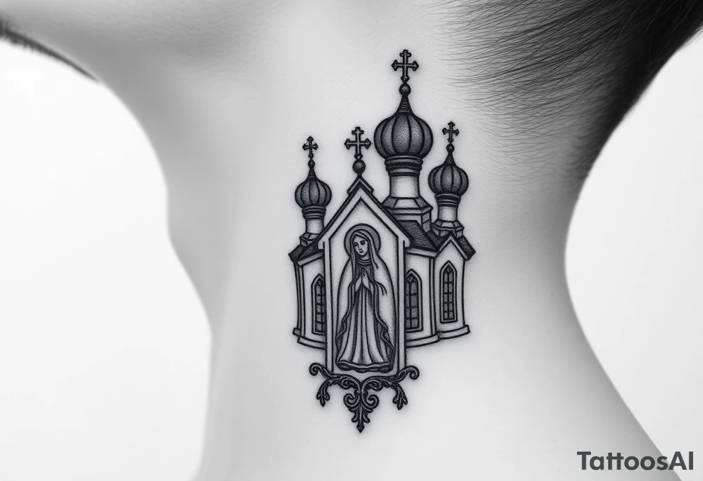 medium traditional russian orthodox church with russian coat arms and virgin mary on the side of your neck tattoo idea