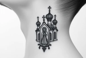 medium traditional russian orthodox church with russian coat arms and virgin mary on the side of your neck tattoo idea