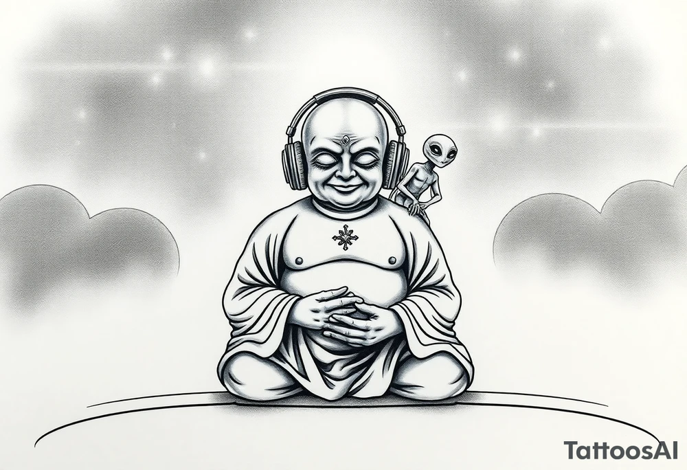 a dim celestial light shines over a curious wise chubby alien buddha who is wearing headphones and is calmly meditating on top of a texas hold'em table, and under a beautiful starry sky. There is a friendly alien sitting on his shoulder. tattoo idea