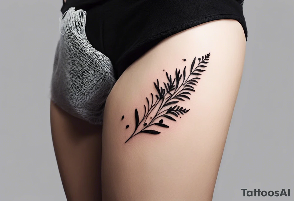forest floor inspired minimalist tattoo, which includes grass, curly ferns, moss and dead leaves as the bulk of the tattoo. details to include: forest berries, a tiny bumblebee flying nearby, three small brown mushrooms
Generate a vertically long one tattoo idea