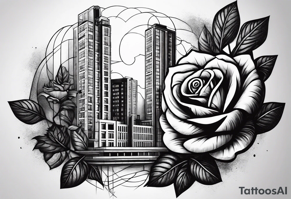Rose growing from concrete with a 6 floor building in the background with 1570 address tattoo idea