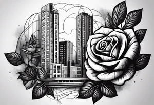 Rose growing from concrete with a 6 floor building in the background with 1570 address tattoo idea
