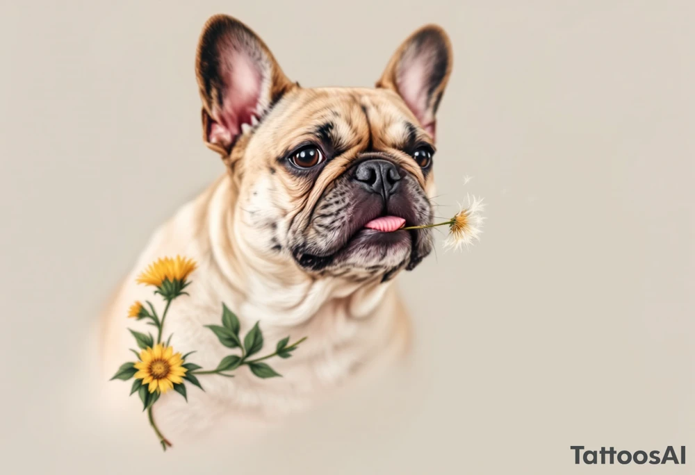 French Bulldog sniffing a dandelion, gentle expression, coat in warm fawn tones with soft green and yellow flower details. tattoo idea