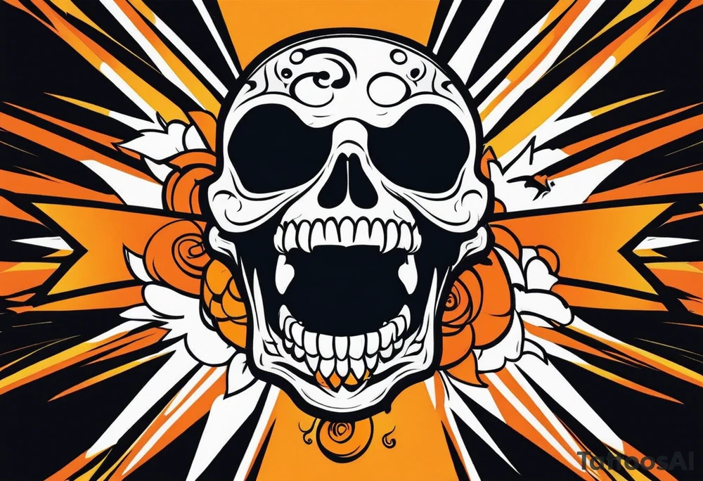 skull laughing black and orange tattoo idea