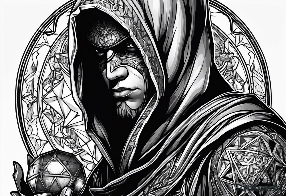 hooded figure holding a d20 tattoo idea