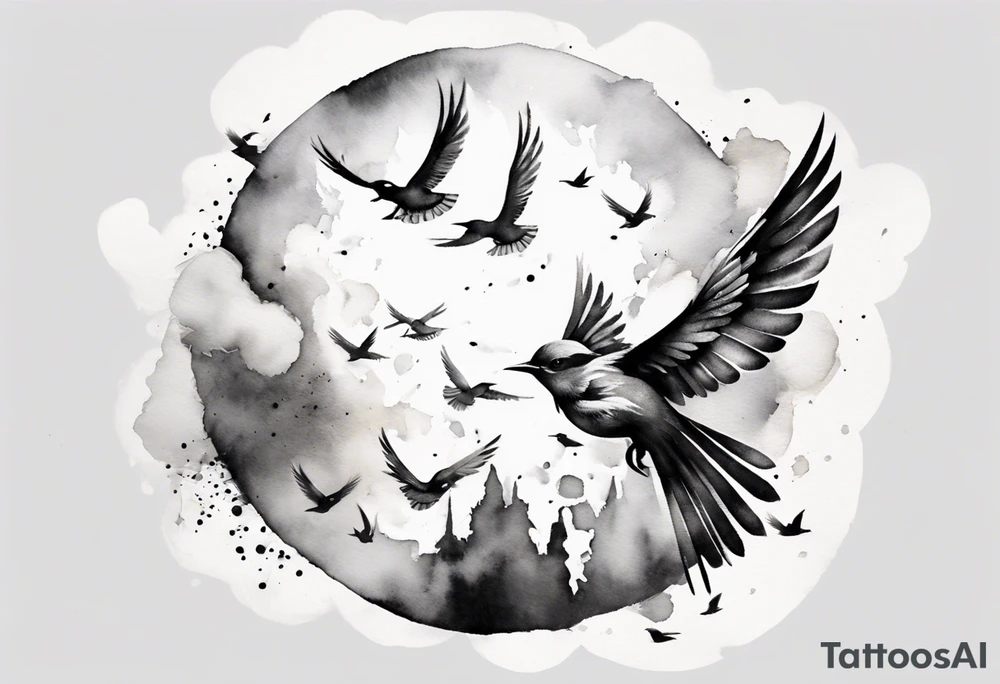 shoulder tattoo with light rays with birds flying free among the clouds, round shape, 3d effect tattoo idea