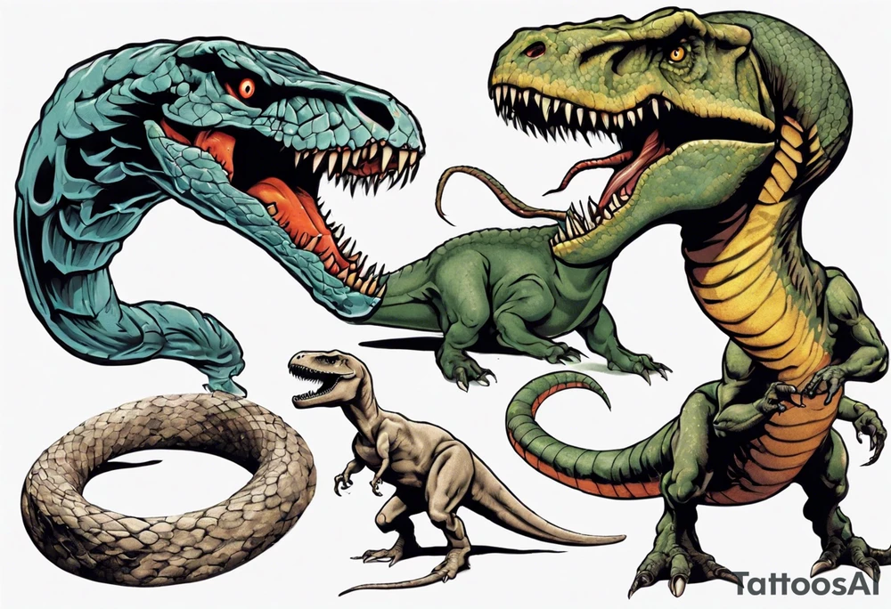 Huge prehistoric snake fighting a T rex tattoo idea