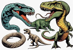 Huge prehistoric snake fighting a T rex tattoo idea