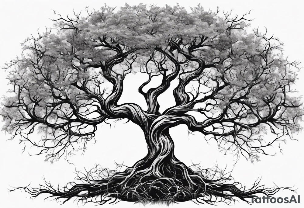 twisted leafless tree with long roots and branches stencil for chest and collar bone tattoo idea