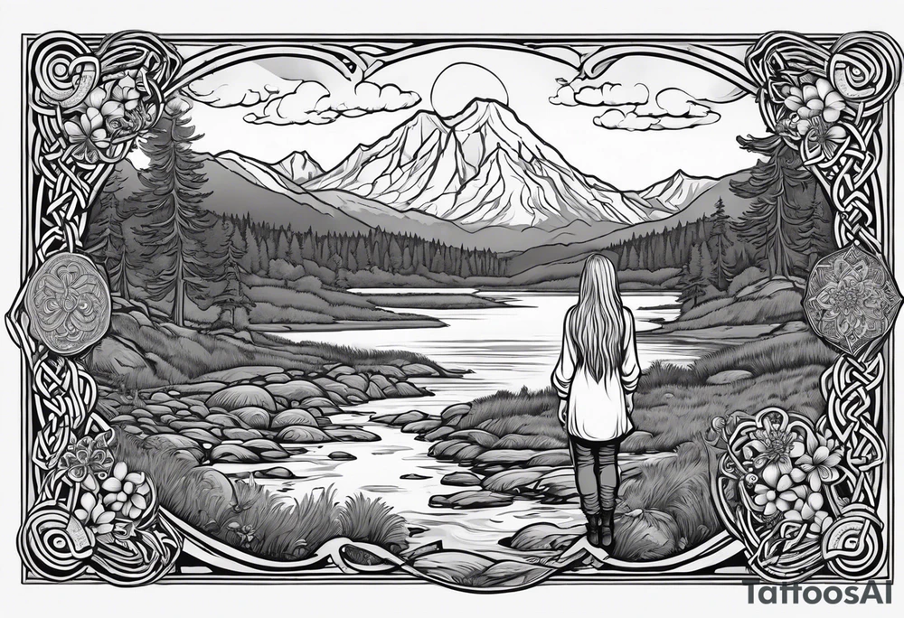 Whole picture encircled fully

Straight long blonde hair hippie girl in distance holding mushrooms in hand facing away toward mountains and creek surrounded by mushrooms long sleeve shirt and hiking pants; whole rendering within a full celtic circle border, no cut off circle tattoo idea