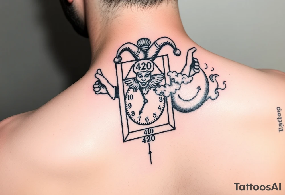 jack in the box
the box as a clock with the time 420
two open wings besides the clock
smoke as the spring
a jester clown coming out the smoke
smoking in one hand with a liquor bottle on the other hand tattoo idea