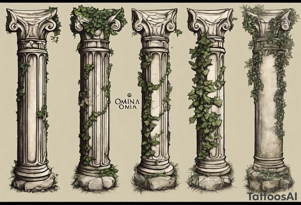 I want an ancient Roman pillar, with apparent cracks on it and a little bit of overgrown plants such as, but not limited to, ivy. The top part shows that it is an Ionian pillar and has the word "OMNIA" written on it. The tattoo has some shading as the pillar is turned very slightly, about 10 degrees, to the right. The top part of the pillar must have fallen off, and is slightly crumbled. tattoo idea