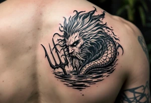 fit young poseidon with trident half way in calm water tattoo idea