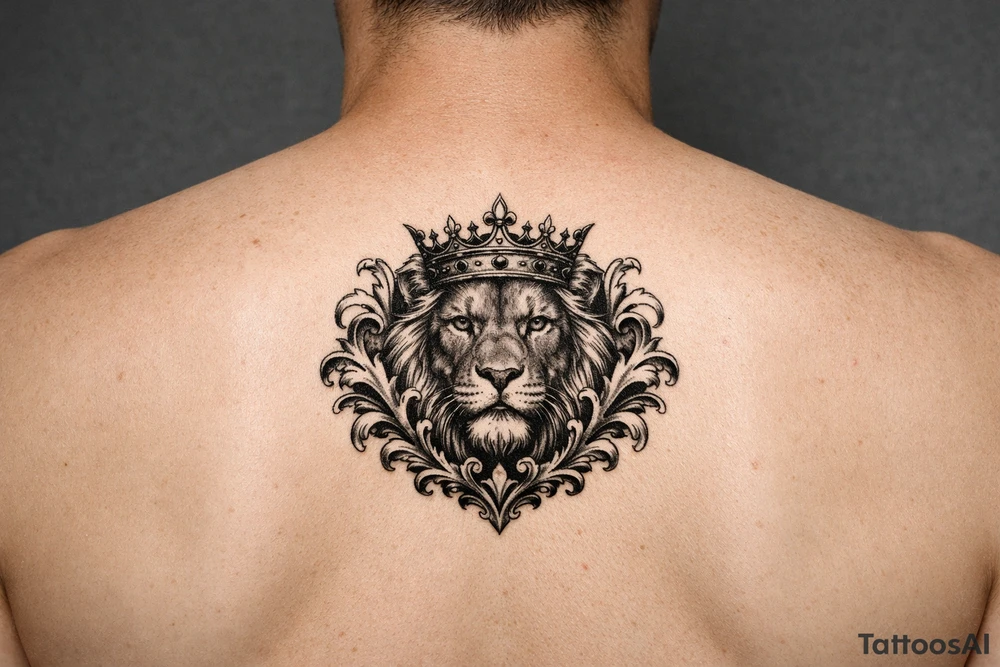 powerful majestic lion with a crown, framed by ornate floral scrollwork tattoo idea