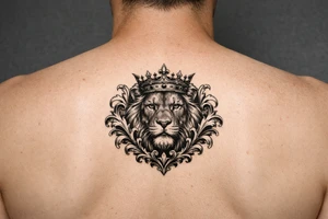 powerful majestic lion with a crown, framed by ornate floral scrollwork tattoo idea