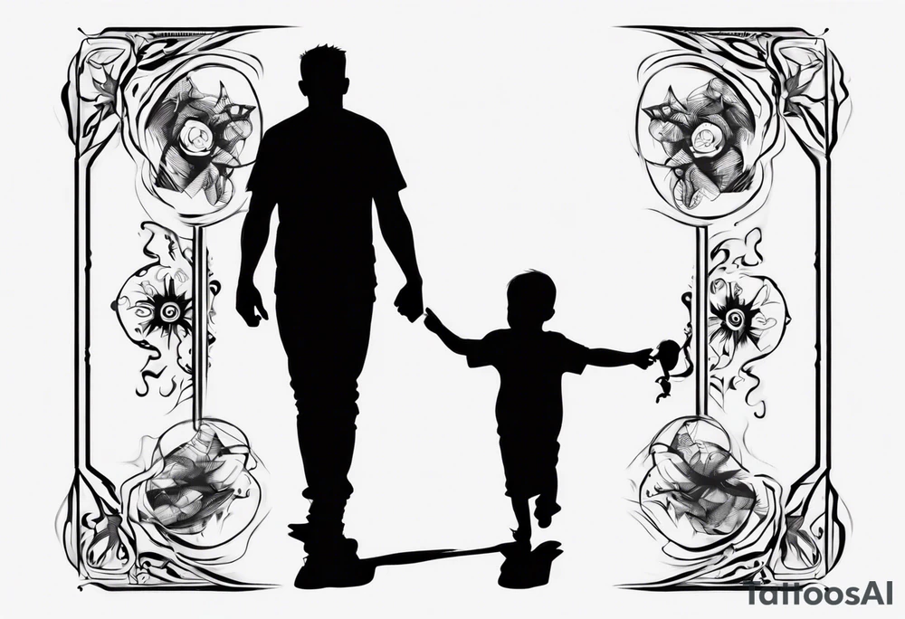 Silhouette of a father with two children, only outer lines tattoo idea