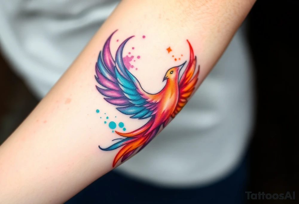 Phoenix in fire with purple, blue, orange, teal and green splashes, looking up tattoo idea
