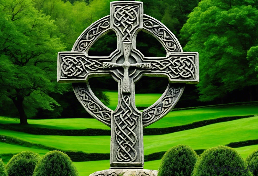 A large, weathered stone Celtic cross standing proudly atop a lush green hill, its four arms stretching skyward. The cross is intricately carved with intertwining knots and spirals, reflecting the artistry of the ancient Celts. A large raven sits perched at the intersection of the cross's arms, its ebony feathers gleaming in the soft light. The bird's eyes seem to hold a wisdom beyond its years, as if it has been witness to countless generations come and gone. tattoo idea