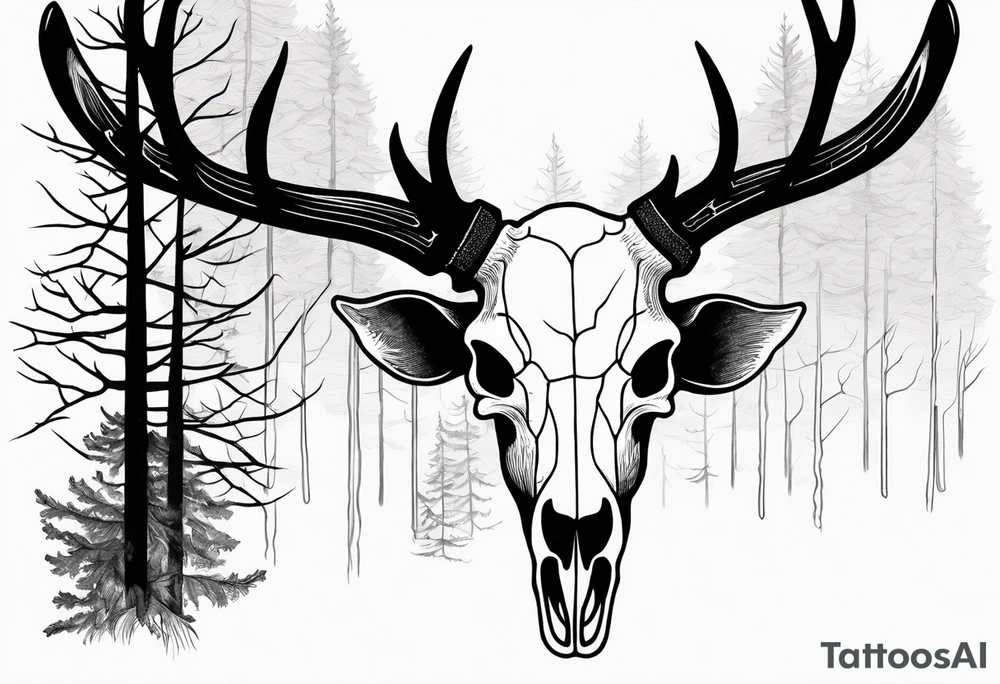 scary side view of a DECAYING deer skull JUST BONE surrounded by a forest fire in background tattoo idea