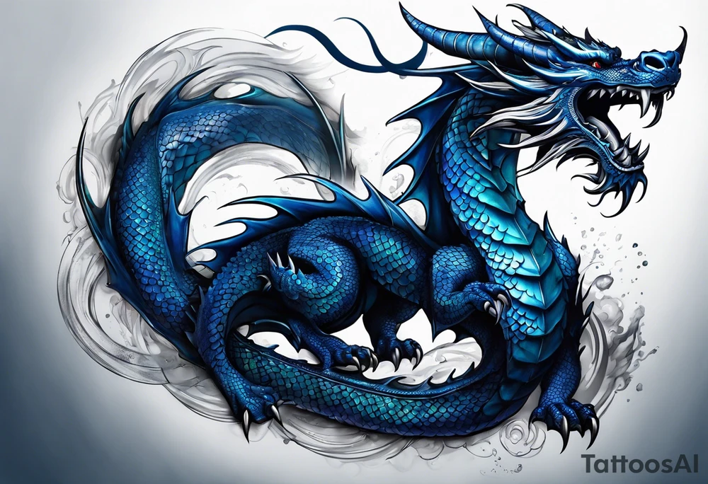 An epic floating dragon. Its long body coiling dynamically, with scales and horns detailed to create a sense of movement and strength. The dragon's main color is midnight blue, giving a vibrant depth and a mystical aura. This tattoo highlights the dragon’s fierce expression and sharp claws. tattoo idea