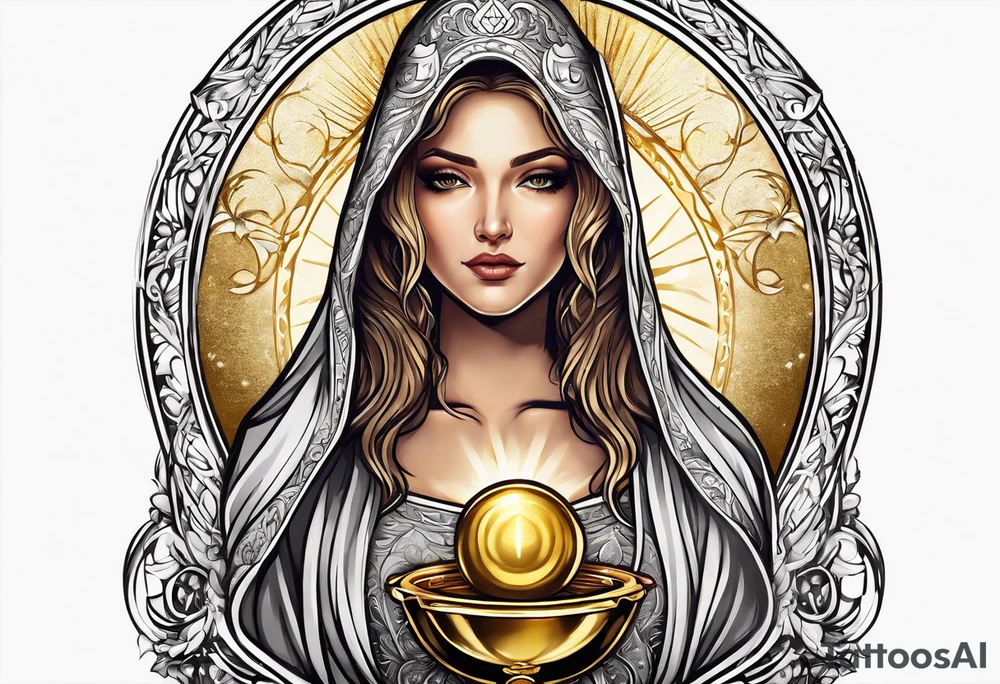 woman saint holding chalice surrounded by golden halo tattoo idea