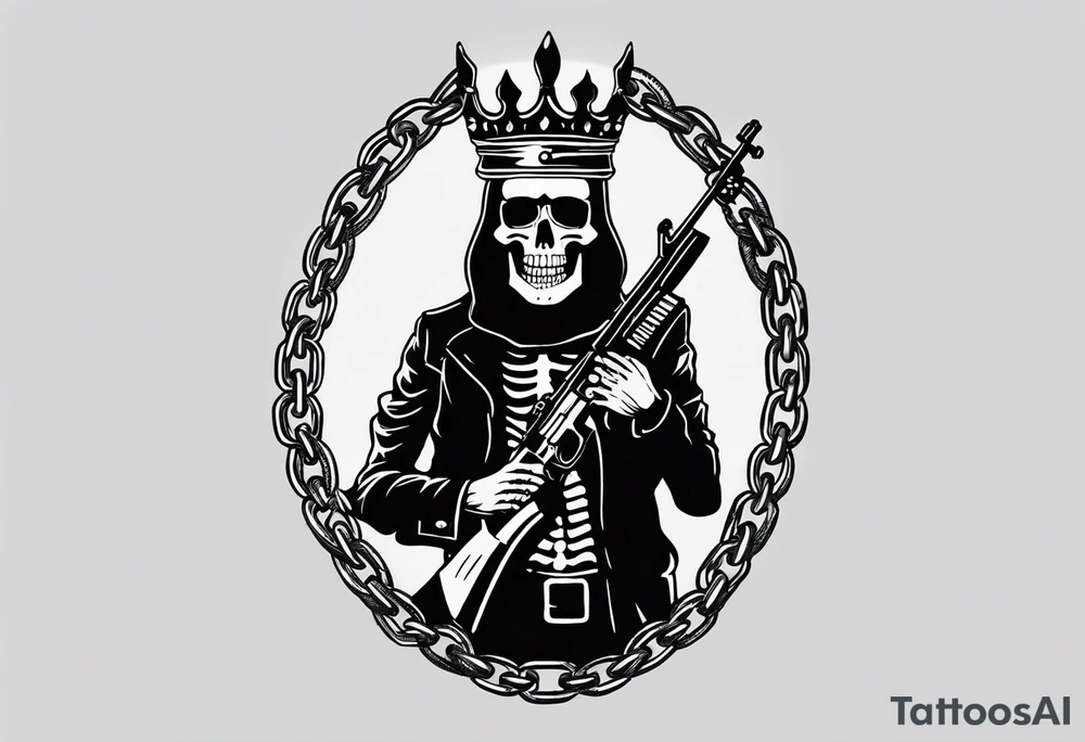 image of a skeleton standing frontally with a crown on his head, holding an AK-47 on his shoulder with his right hand. The chain on the left should be taut, there are three angry barking Dobermans in it, near the waist tattoo idea