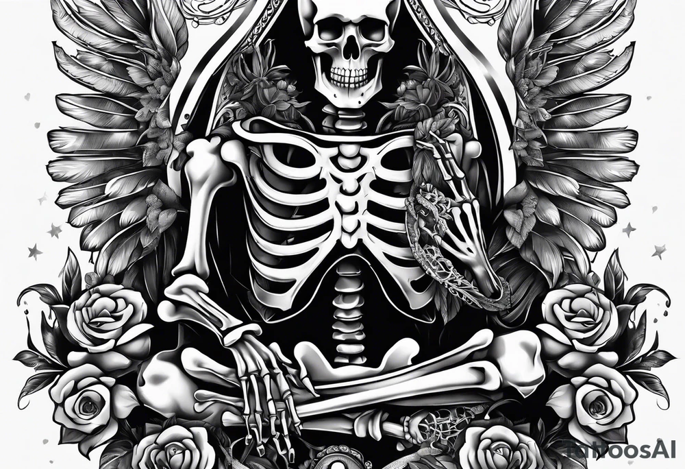 a full body skeleton sitting with his heart in his hand tattoo idea