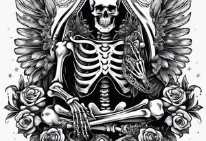a full body skeleton sitting with his heart in his hand tattoo idea
