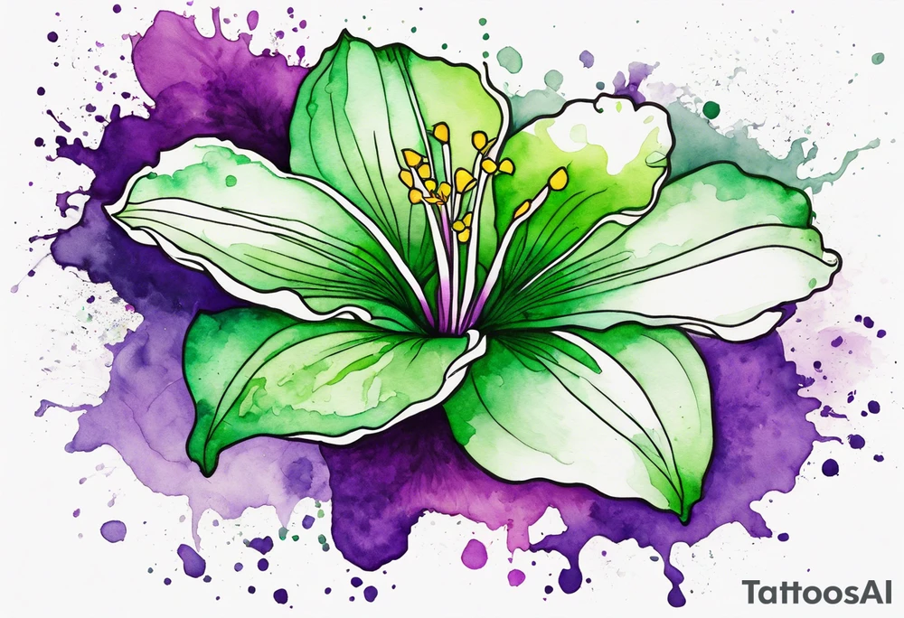 An outline of a green rio dipladenia flower and a green and purple watercolor splash in the background tattoo idea