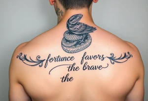 Bird and snake on top of the head with “ fortune favors the brave tattoo idea