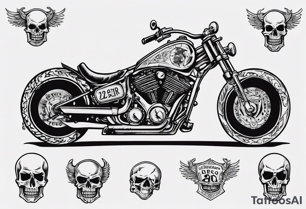 i want a tattoo of a motorcycle from the front view being ridden into the distance by a skeleton and the number plate to say “Viking Customs” tattoo idea