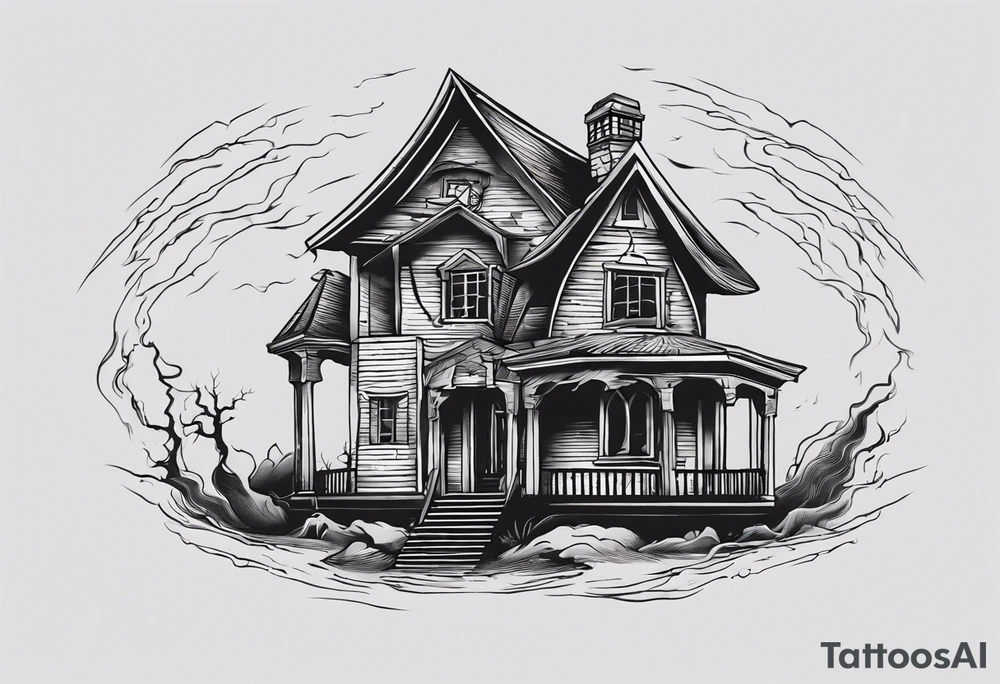 Create a tattoo design featuring a small house. Include a black demonic figure lifting the roof, peering out into the surroundings with an ominous presence. tattoo idea