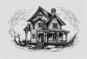 Create a tattoo design featuring a small house. Include a black demonic figure lifting the roof, peering out into the surroundings with an ominous presence. tattoo idea