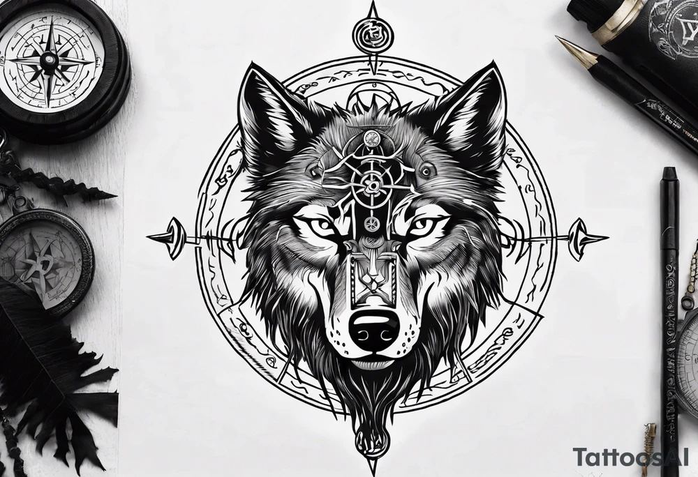 Black wolf with Viking Vegvísir compass on its forehead tattoo idea