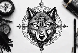 Black wolf with Viking Vegvísir compass on its forehead tattoo idea