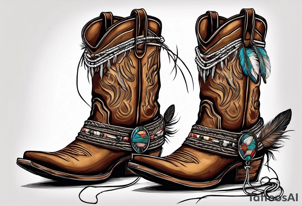 Boots with barbed wire wrapped around and a Indian feather hanging off the wire cowboy hat hanging off the boots tattoo idea