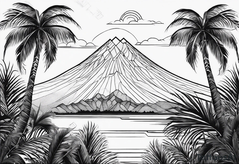 fineline tattoo of a palm tree with a volcano on the back for the arm tattoo idea