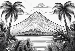 fineline tattoo of a palm tree with a volcano on the back for the arm tattoo idea