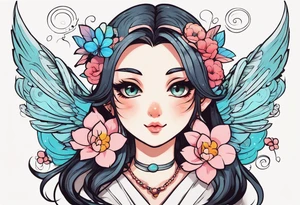 I want a half sleeve on right arm from wrist to elbow. I want the theme to be Neko Anime girl with wings around age 18-24. I want the face to be pouting face with puffed cheeks. tattoo idea