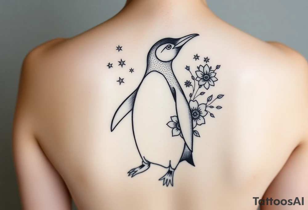 Penguin with stars and flowers black ink tattoo idea
