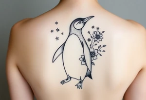 Penguin with stars and flowers black ink tattoo idea