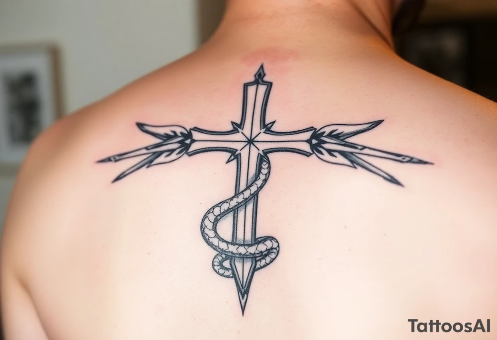 A cross that stabs the snake from the bottom tattoo idea